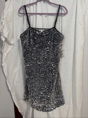 Silver Sequin Mini Dress with Spaghetti Straps
